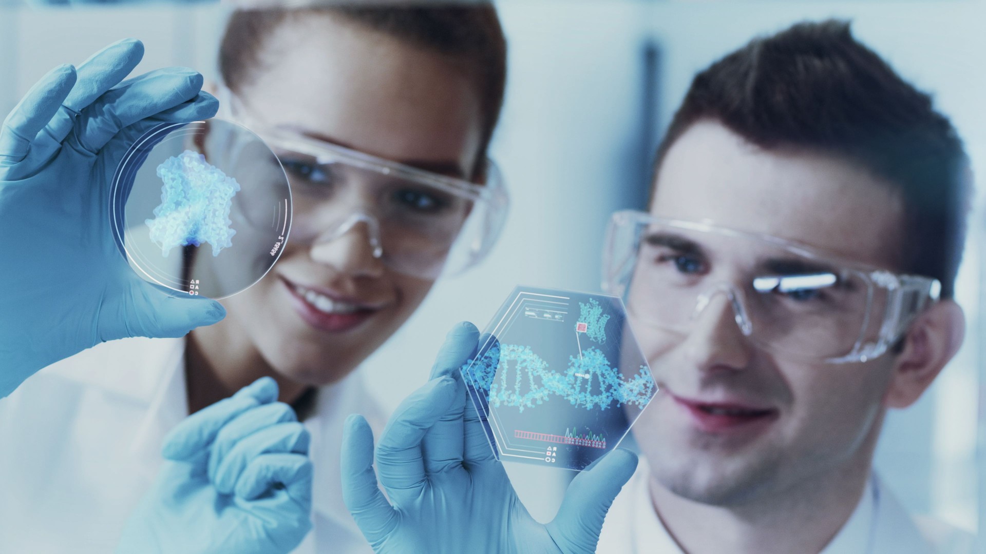 Multi ethnic team studying DNA mutations. Virtual touch screens